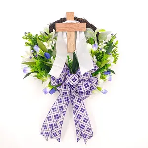 Easter Cross Wreath, Spring Floral Wreath for Front Door, Religious Christian Wall Hanging Decor