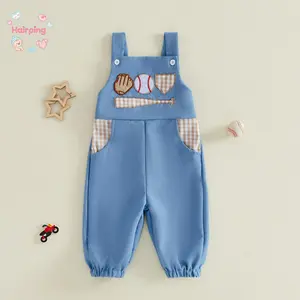 Baby Boy Baseball Embroidered Overalls, Sleeveless Plaid Patchwork Jumpsuit, Casual Soft Cotton Romper for Infant Toddler, Summer Daily Party Holiday Wear