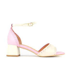 Croupier - Pink & White Pastel Italian Leather Sandals with Chunky Heel & Colorblock Design for Summer Wear