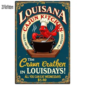 1pcs Iron Sheet Painting Decorative Painting Wall Decoration GiftVintage Louisiana Cajun Kitchen Metal Sign – Colorful Wall Art Featuring Happy Cartoon Crawfish Chef in Black Pot, Steam Rising with Decorative Aged Gold Borders – Perfect Home Decor fo
