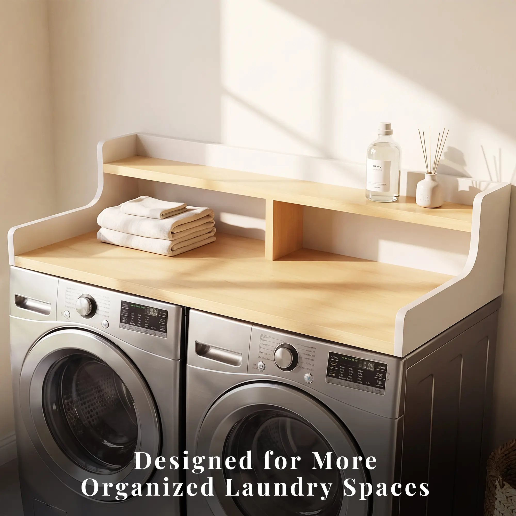 OMCHOM B-W102 Modern Front Load Washer Dryer Countertop Organizer Shelf - 54"x27" Maple Wood Topper, 3 Splicing Panels, Anti-Tip Support, Center Support, Non-Slip Pads, Water-Resistant, Space-Saver for Laundry Room (Black), Modern Farmhouse, Durable Thick