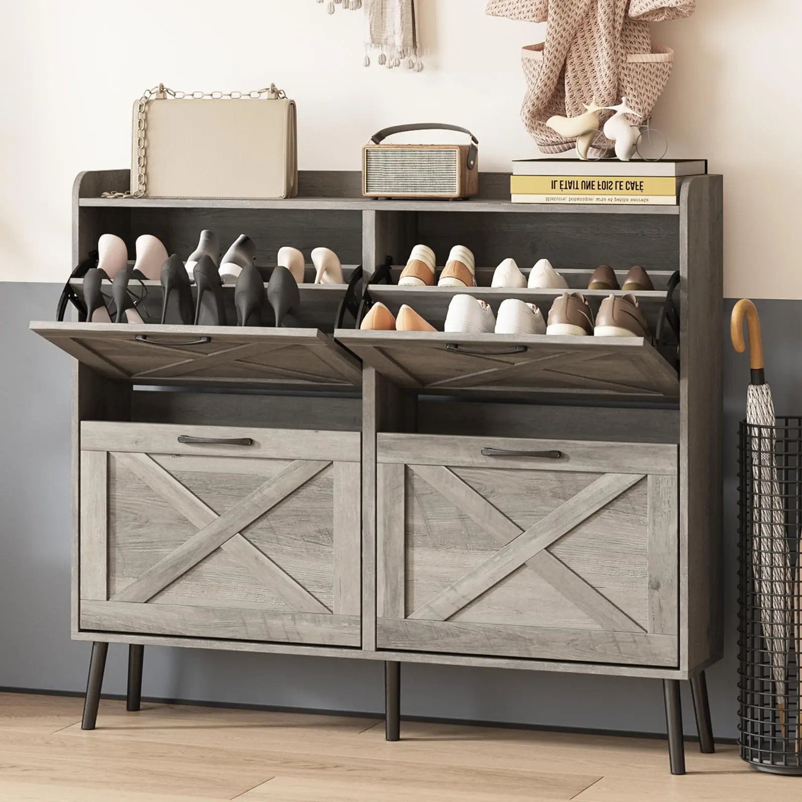 [Summergarden] Vabches Large Freestanding Shoe Cabinet - 4 Flip Drawers with Metal Drawer Brackets, Indoor Entryway Shoe Organizer