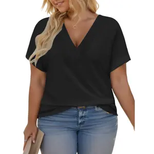 Women's Plus-Size Summer V-Neck Stretchy T-Shirt - ROSRISS VPS0192 Soft Thin Casual Short-Sleeve Breathable Rolled-Sleeve Loose Basic Feminine Tunic Top, Comfy Fabric, XL-5XL, Minimalist Fit, Outdoor Use, Tshirt
