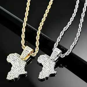 Hip Hop Iced Out Map Shape Pendant Necklace with Rope Chain, Gold/Silver Plated CZ Statement Necklace