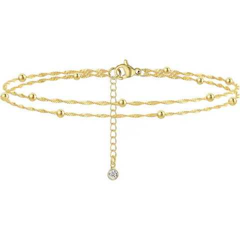 KOPERIN Women's Aesthetic Gold Anklet - Layered Link Stackable, Beaded, Waterproof, Adjustable, Non Tarnish, Beach-Ready Adult Costume Jewelry, Summer Gift, Anklet Gold, Non Tarnish Jewelry
