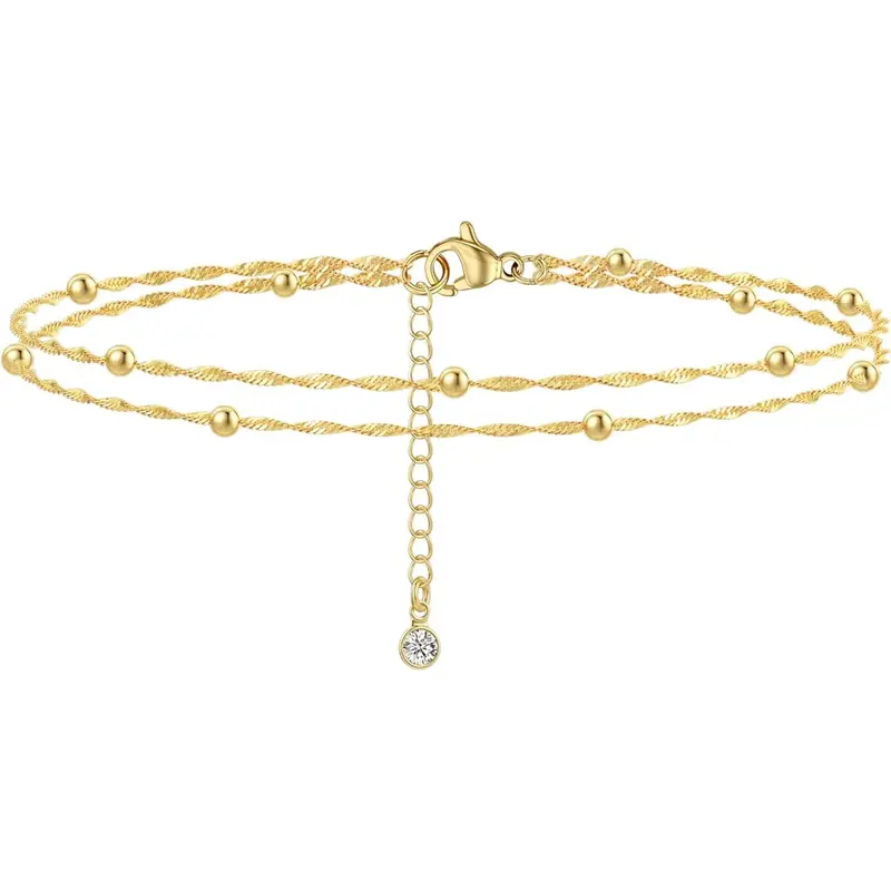KOPERIN Women's Aesthetic Gold Anklet - Layered Link Stackable, Beaded, Waterproof, Adjustable, Non Tarnish, Beach-Ready Adult Costume Jewelry, Summer Gift, Anklet Gold, Non Tarnish Jewelry