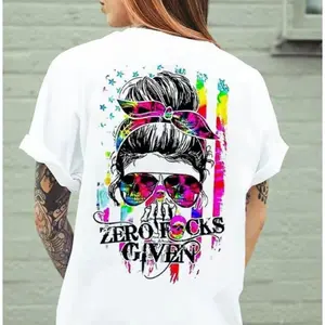 Zero Flips Given Messy Bun Skull Tie-Dye American Flag Graphic Cotton T-Shirt, Sassy Oversized Comfort Crew Neck Outfit, Perfect Attitude Gift For Her