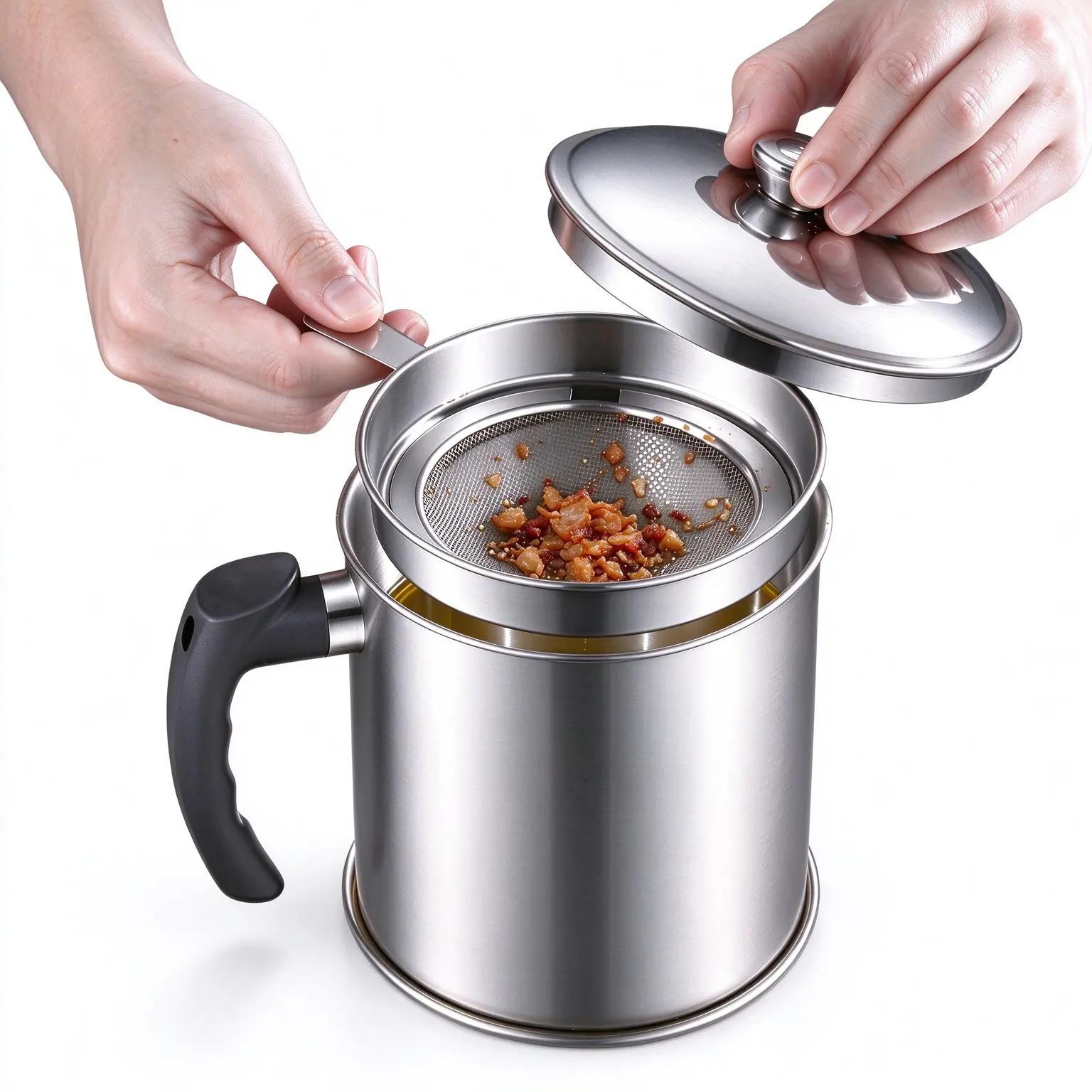 304 Stainless Steel Bacon Grease Container with Strainer, Kitchen Utensils Sets Oil Filter Pot with Lid & Drip Tray for Cooking Oil Storage