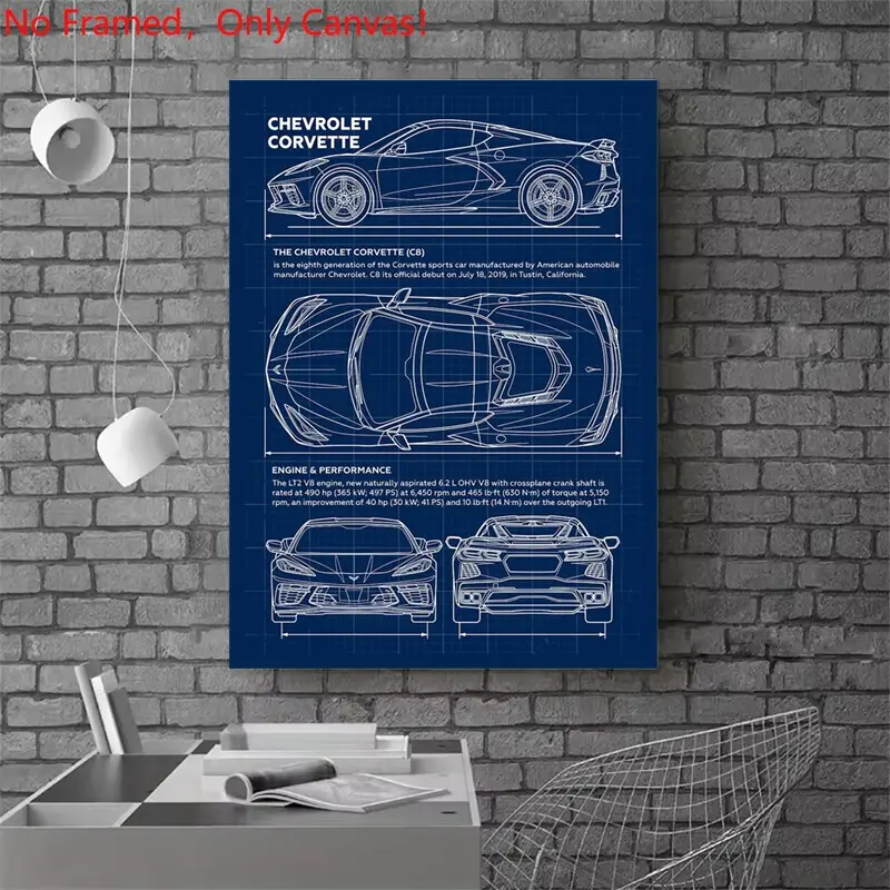 1 Piece/Set frameless canvas painting graphic prints poster, Creative wall art, Luxury sports car art, Car Chevrolet Corvette C8 Blueprint, a perfect gift for cars loves, ideal gift for bedroom, living room, mural, wall decoration
