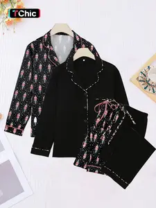 4-piece women's cake figurine printed long sleeved pants sleepwear Pajamas set suitable for comfortable and casual home wear throughout the four seasons