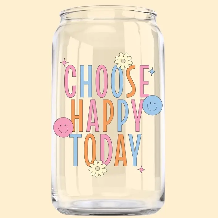 Choose Happy Today Glass Bamboo[ 4-Piece Set ] Bamboo Lid Glass Drinking Glasses with Glass Straw - 16-ounce Can Shaped Glassware for Beer, Iced Coffee, Cocktails, Whiskey, and More, Perfect for Cocktails, Whiskey, and Gifting