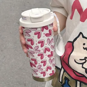 Heart Stackable Coffee Cup, 530ML Insulated Travel Mug with Straw and Lid, Leak-Proof Handle, Suitable for Hot/cold Drinks
