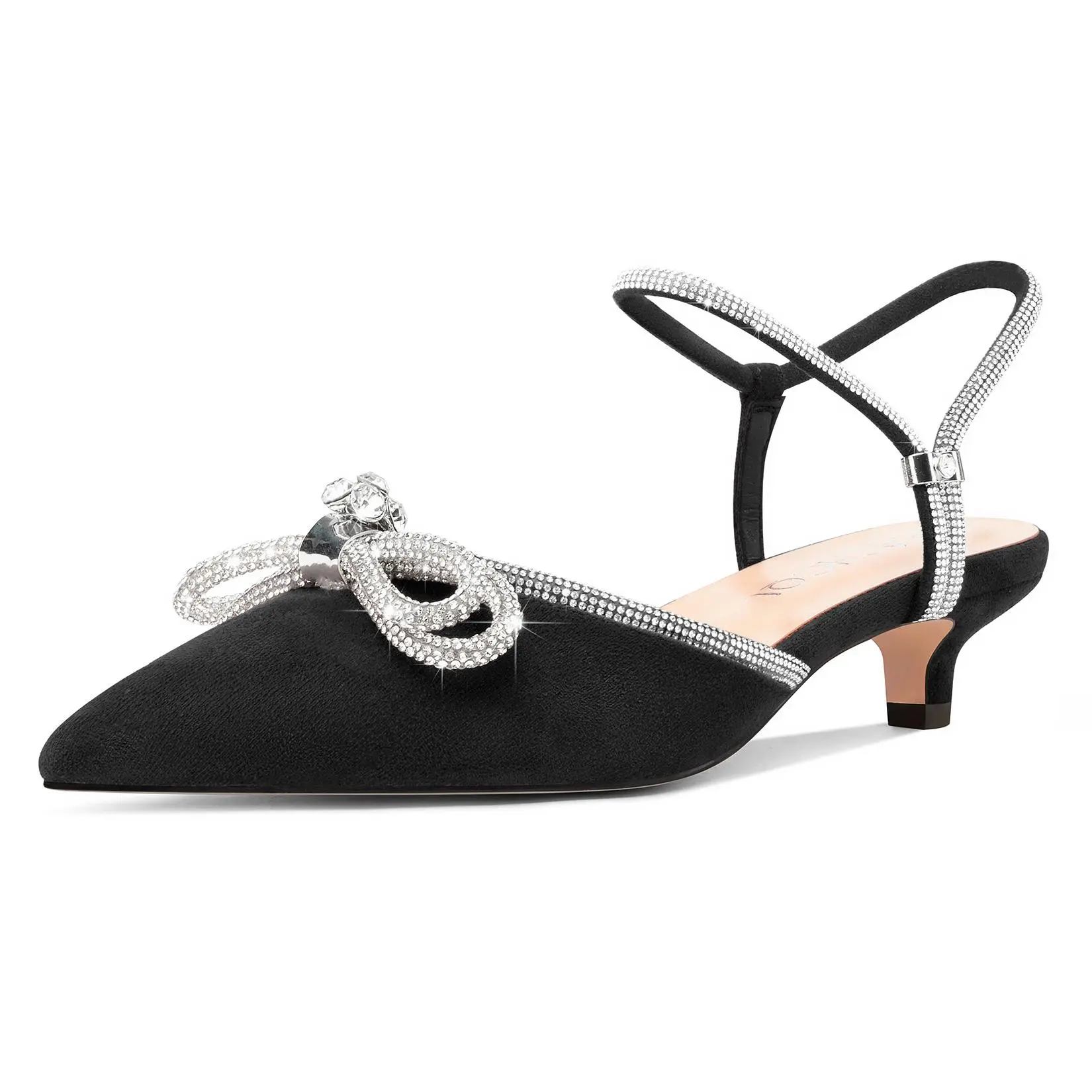 Women's Elegant Heels, Dainty Kitten Heel Pumps with Rhinestone Bow, Pointed Toe with Adjustable Ankle Strap for Wedding & Prom, Dainty Kitten Heels Pumps