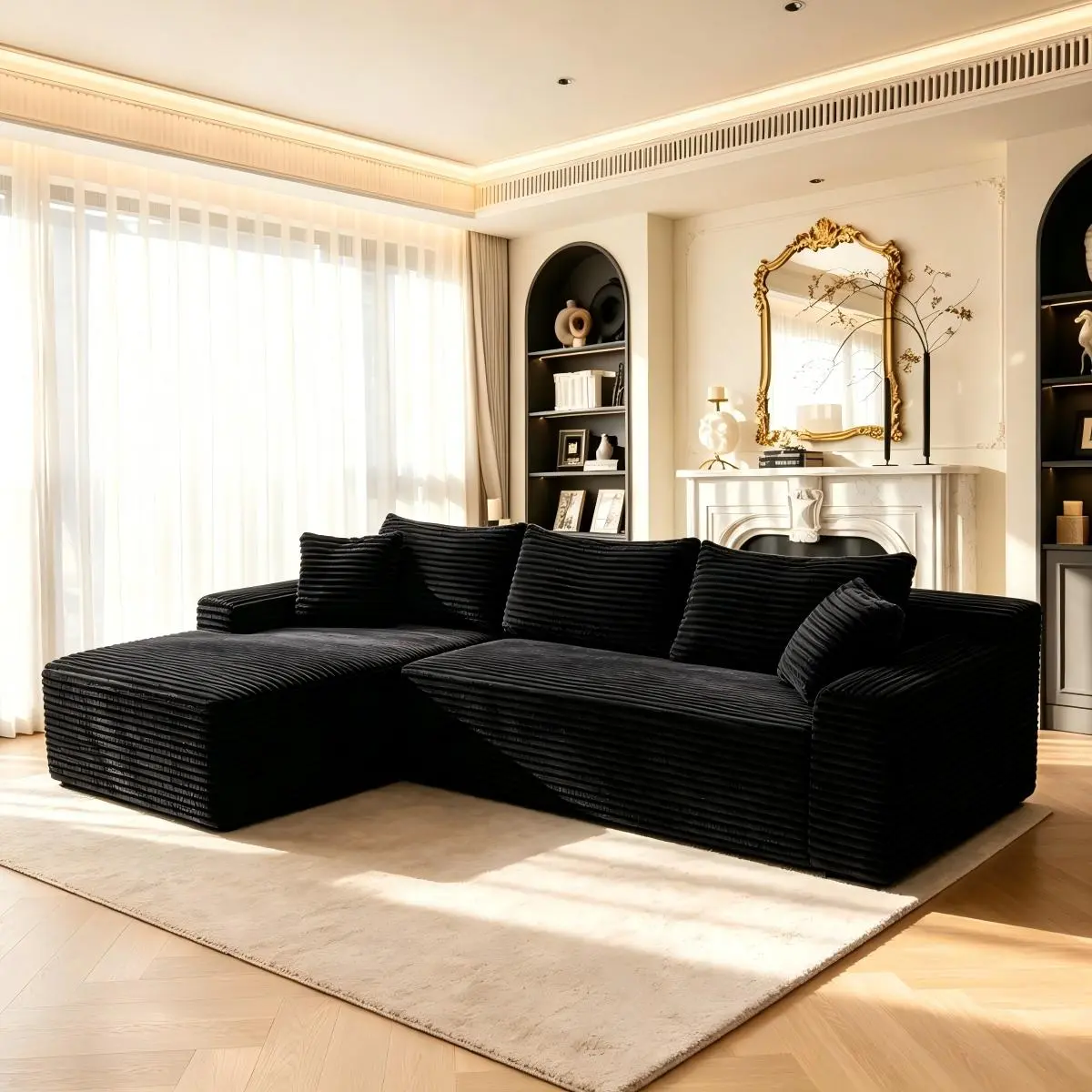 94.5" Cloud Modular Sectional Sofa, L-Shape Reversible Chaise Deep Seat Corner Couch, Modern Minimalist Corduroy Upholstered Sofa for Living Room & Bedroom, No Assembly Required，Black