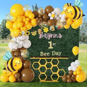 Bee Decorations Kit 115 Pcs Mustard Yellow Brown White Balloon Arch with Bee Balloons Paper Cutouts for Bee Day Birthday Gender Reveal Party