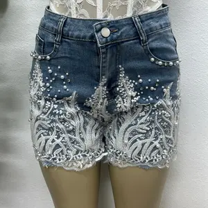 Denim Short with Embroidered Lace Beads and Pearls for Women's Fashionable Denim Shorts