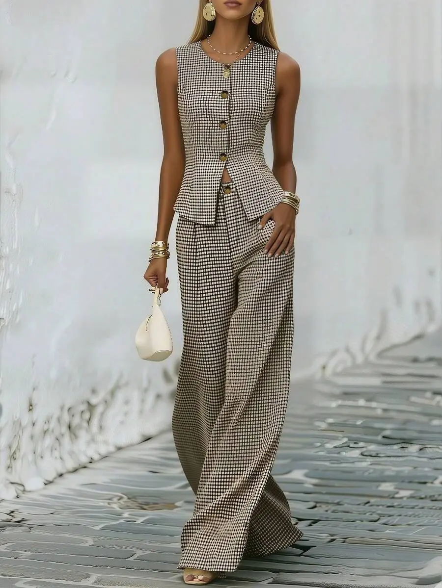 2026 Fashionable Retro Plaid Sleeveless Blazer and Pants Set - High-waisted button design, stylish and versatile two-piece set, suitable for casual office and vacation