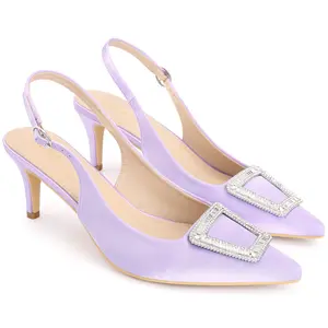 BLISSFUL STEP Satin Rhinestone Stiletto Heel Sandals Buckle Pointed Toe Purple Pumps for Women