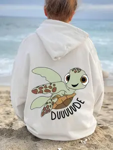 Women's Cartoon Turtle & Letter Print Drop Shoulder Hoodie, Fashion Casual Drawstring Pocket Hooded Sweatshirt for Daily Holiday Outdoor Wear, Women Clothing for Fall & Winter