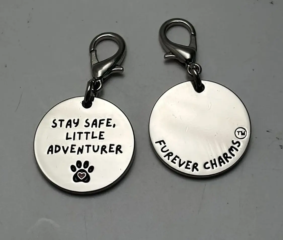 Furever Charms Pet Collar Charm – "Stay Safe, Little Adventurer" Engraved Pet Tag Charm for Cats & Dogs 1" Diameter