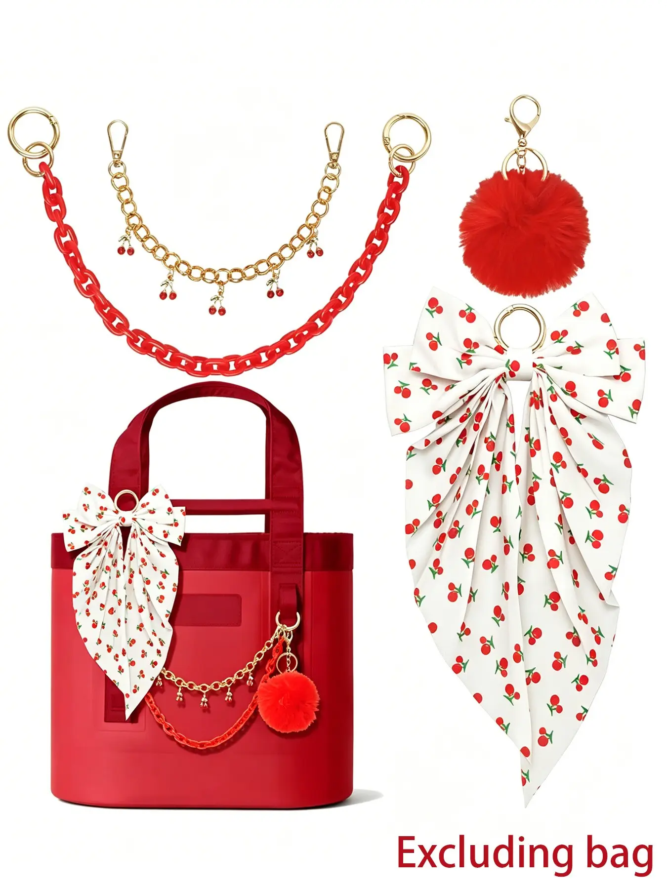 4Pcs Cherry Bag Accessories Set, Metal Cherry Charm Chain + Acrylic Chain + Fluffy Pom Pom + Cherry Print Bow, Decorative Keychain Charms for Tote Bags, Handbags, Stylish Playful Charm, Purse Accessories Charm, Fruit Bag Charm