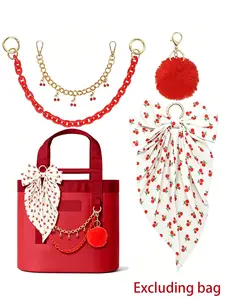 4Pcs Cherry Bag Accessories Set, Metal Cherry Charm Chain + Acrylic Chain + Fluffy Pom Pom + Cherry Print Bow, Decorative Keychain Charms for Tote Bags, Handbags, Stylish Playful Charm