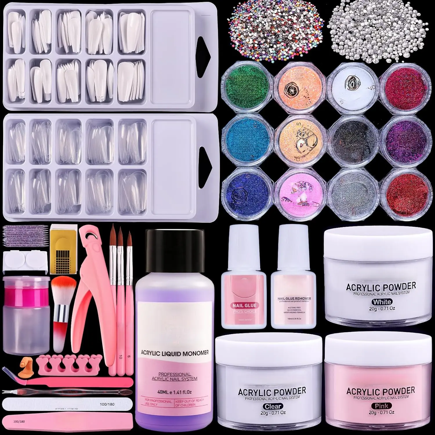 Nail Kit Acrylic Set: Professional Ultra-fine Acrylic Powder Kit with Everything - Starter Set with 600 Nail Tips Glitter Powder Nail Glue & Remover - Nail Art Supplies  DIY Home Salon