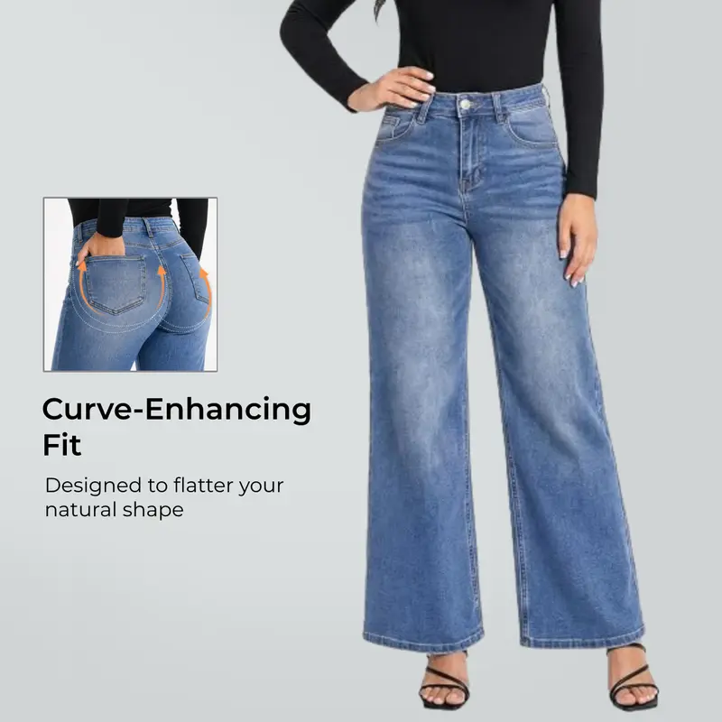 Camila BlueMoment Stretchy BBL Jeans High-waisted Wide Leg Denim No Distressing Baggy Pants Tummy Control Butt Lifting Jeans with Pockets Fall Fashioin Daily Outfits M042701