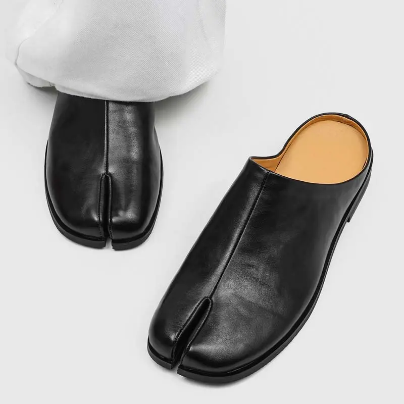 Men's Avant-Garde Split-Toe PU Leather Mules, All-Seasons Breathable Seamless Upper Backless Slip-Ons, Business Edgy Everyday Shoes with Rubber Sole & Ankle Support