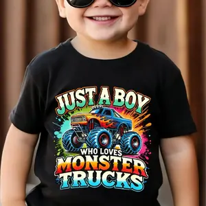 Boys' T-shirt TX31220, monster truck print, casual crew neck for truck-loving boys.