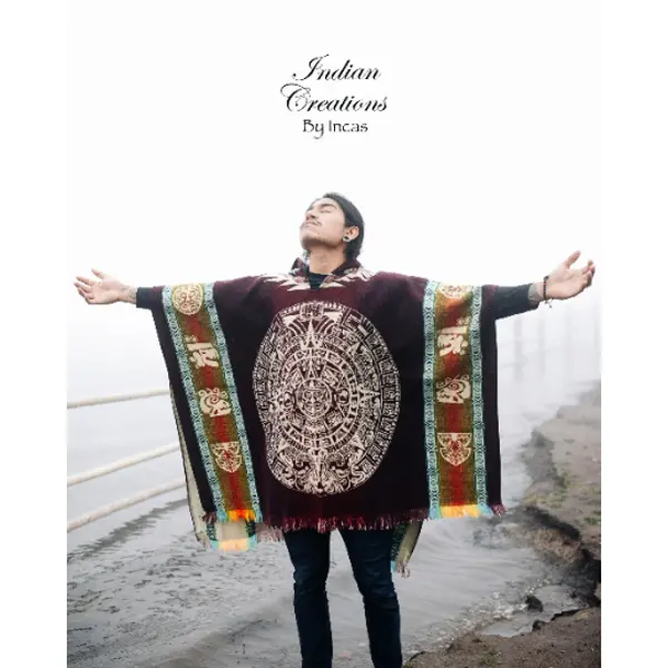 Aztec Calendar III Alpaca Wool Poncho.  Handcrafted by Indigenous Hands. Soft and warm with hood. One size and Unisex.