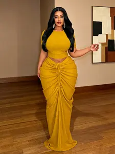 Plus Size Two-Piece Women's Set, Ribbed Short Top & Drawstring Pleated Skirt, Sexy Slim Fit Party, Curvy Friendly Fashion
