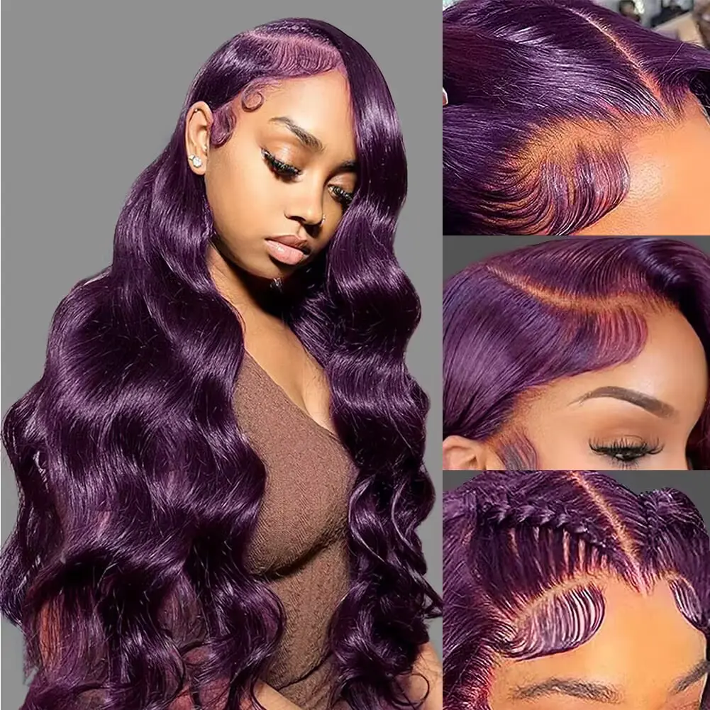 Dark Burgundy 13x4 Body Wave Lace Front Wigs Human Hair 180% Density Grape Wigs Body Wave for Women HD Transparent Lace Front Wigs Human Hair Pre Plucked with Baby Hair