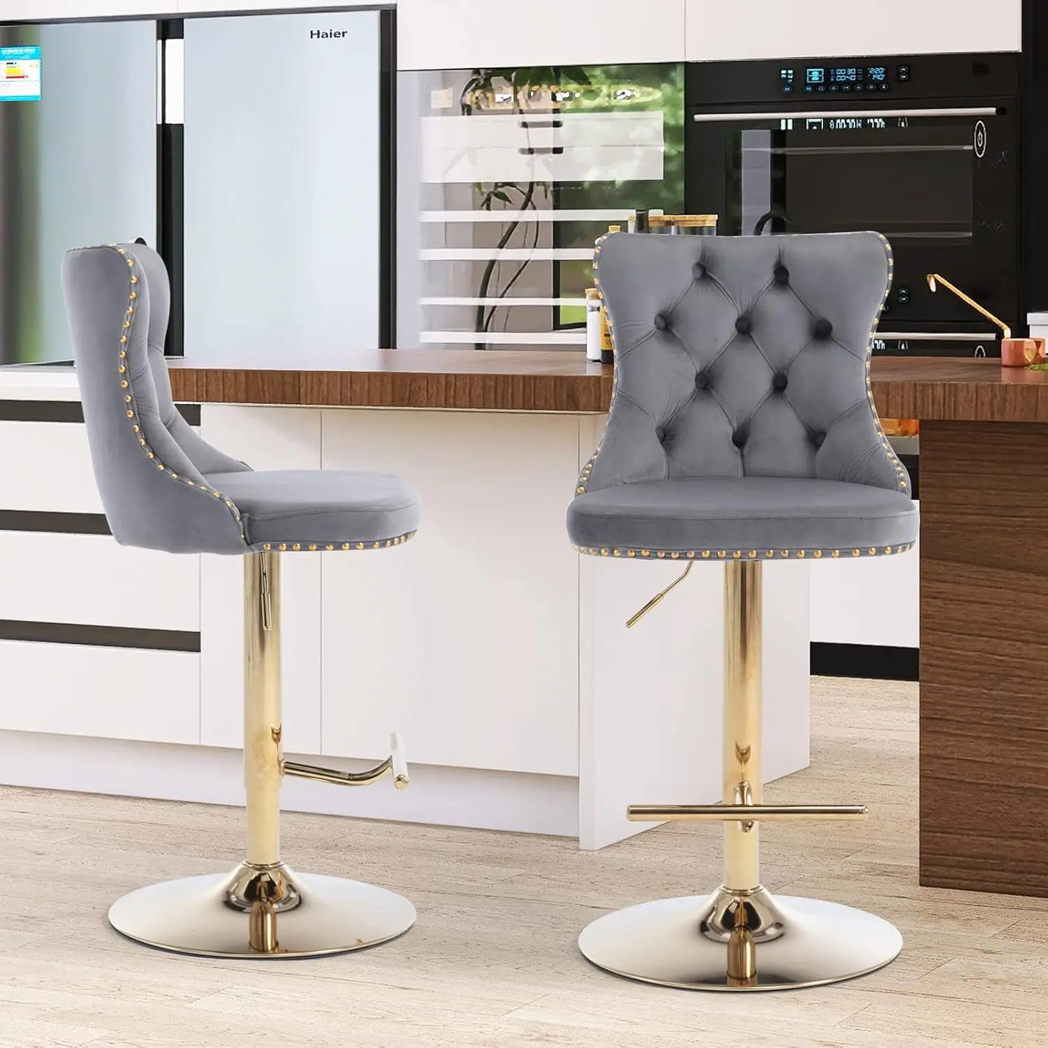 Velvet Bar Stool Set of 2, Adjustable Swivel Bar Stools with Gold Plated Metal Leg, Button Tufted, Footrest, Chrome Nailhead,Counter Height Chair for