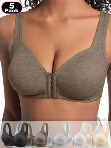 5-Pack Women's Wire-Free Front Closure Buckle Bras, Comfortable Soft Skin-Friendly Fabric, Medium Support Elegant Bralette for Daily and Outing Wear