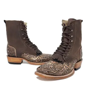 Men Lace Up Handtooled Bulldog Boots - Longhorn Rustic