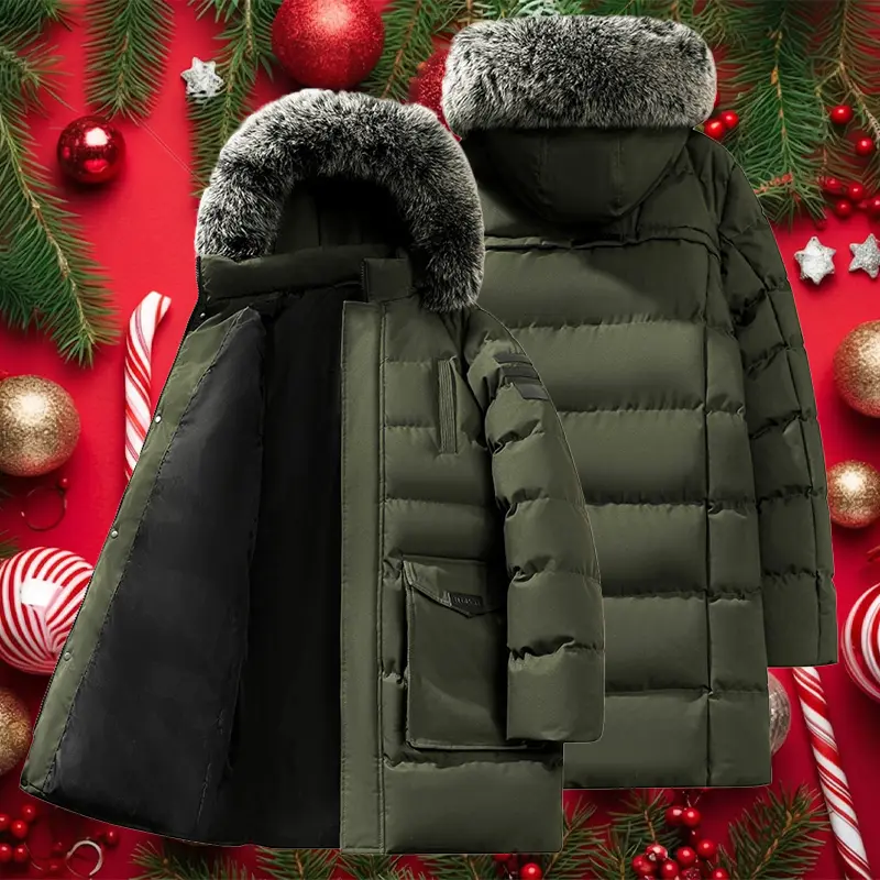 Men’s Casual Classic Mid-Length Polyester Winter Parka Jacket - Detachable Hood with Faux Fur Trim, Quilted Padded Windproof Plain Outerwear, Multi-Pocket, Regular Fit, Cold Weather Coat for Everyday Outdoor Wear