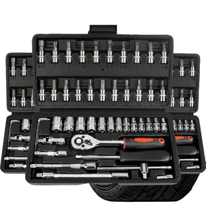 46 PC Car Repair Machinery Tools Set Household Socket Wrench DIY Repair Tool Kit Ratchet Screwdriver for Car & Bicycle Repair Heavy-Duty Steel Hardware Toolbox