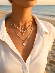 3-Piece Boho Style Layered Starfish Shell Necklace Set, Pearl Beach Collar, Summer Vacation Jewelry for Women, Dainty Pearl Necklace