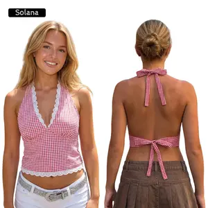 Women's Y2k Plaid Halter Top SexyFit Hlater Tie Backless Lace Trim Tank Tops Cute Streetwear