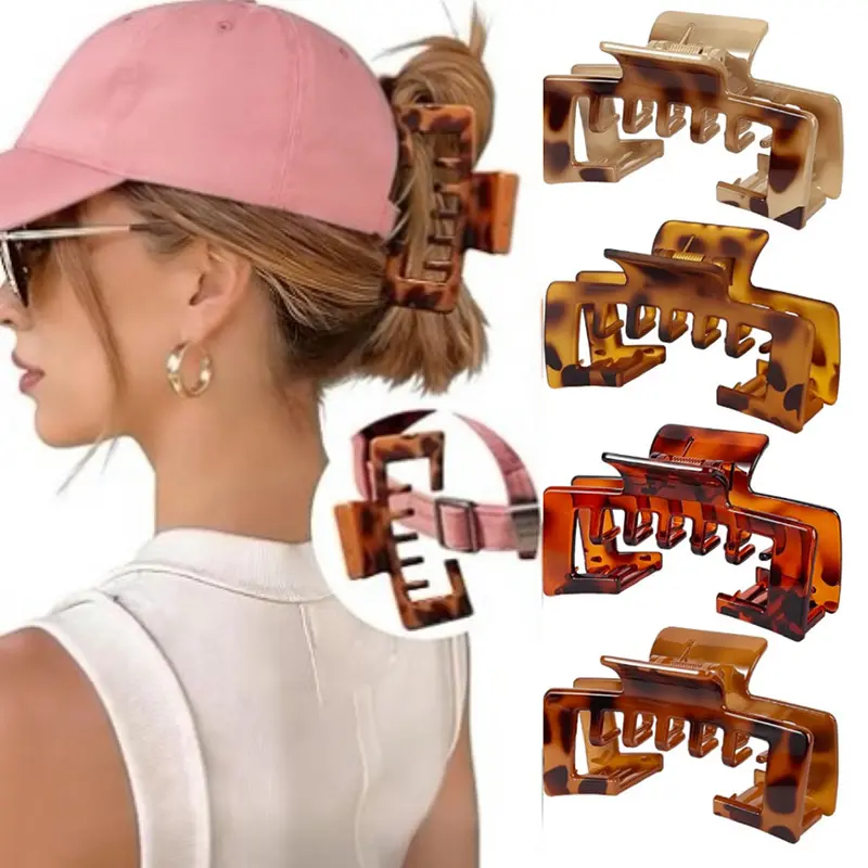 Baseball Cap-Compatible Tortoise Shell Hair Claw Clips, Strong Hold Jaw Clips, Large Non-Slip Clips for Thick Hair, Ideal for High Ponytails, Casual & Sporty Looks