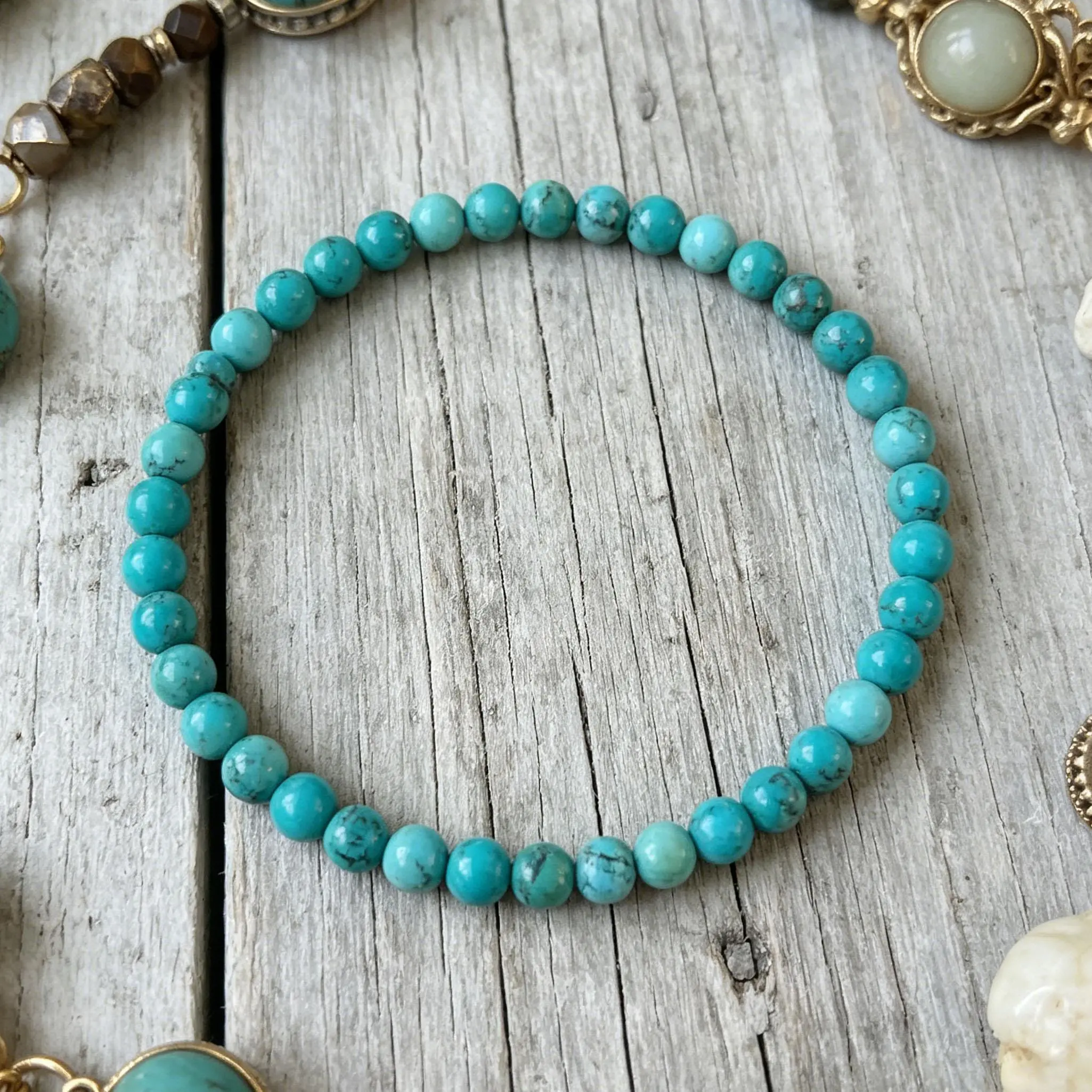 Natural Turquoise 4mm Beaded Bracelet, Protection Healing Crystal, Calming Communication Stone Jewelry Gift for Men women