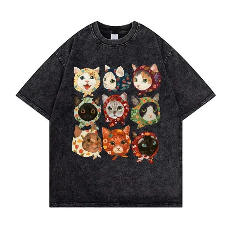 Men's Vintage Distressed Washed Cotton Short-Sleeve Graphic Top, Funny Turban Cat Print Menswear Tee for Casual Streetwear Sport, Festive Gift for Him, Shortsleeve