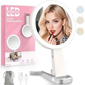 Double-Sided 10X Magnifying Makeup Mirror with 3 Color Lights Portable Rechargeable 3 in 1 for Tabletop Handheld Hanging Use