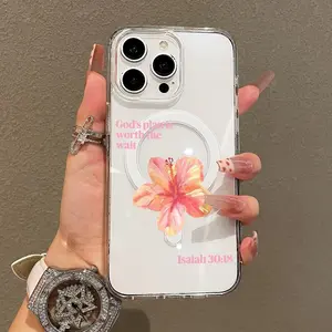 Girly Transparent Magnetic Smartphone Case, Tropical Hibiscus Aesthetic Pattern, Protector Cover for iPhone 11/12/13/14/15/16/17 Pro Max, Cute Cellphone Accessories