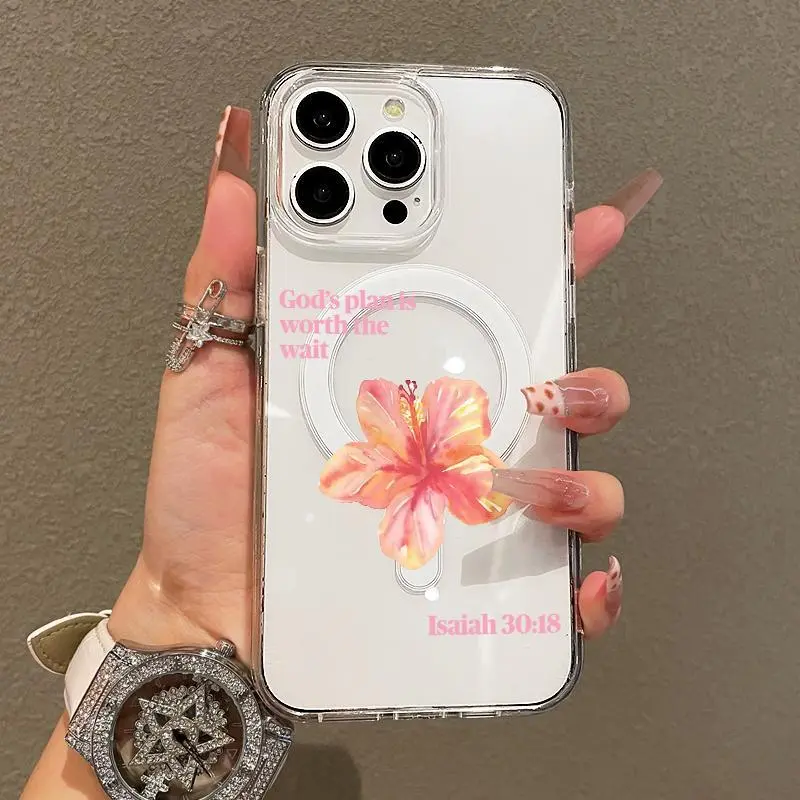 TPU Transparent Magnetic Closure iPhone Case - Girly Tropical Hibiscus Pattern, Light Yet Tough, Drop-Resistant, Shockproof, Aesthetic Casing for iPhone 11/12/13/14/15/16/17 Pro Max Mobile Phone Accessories with Resistance