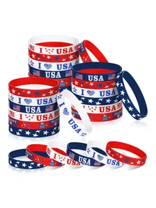 July 4th Patriotic Party Favors: American flag silicone wristbands and rubber bracelets in classic red, white and blue. Available in 6 unique styles with iconic USA flag elements. Perfect patriotic gifts and holiday decorations for Independence Day. Suita
