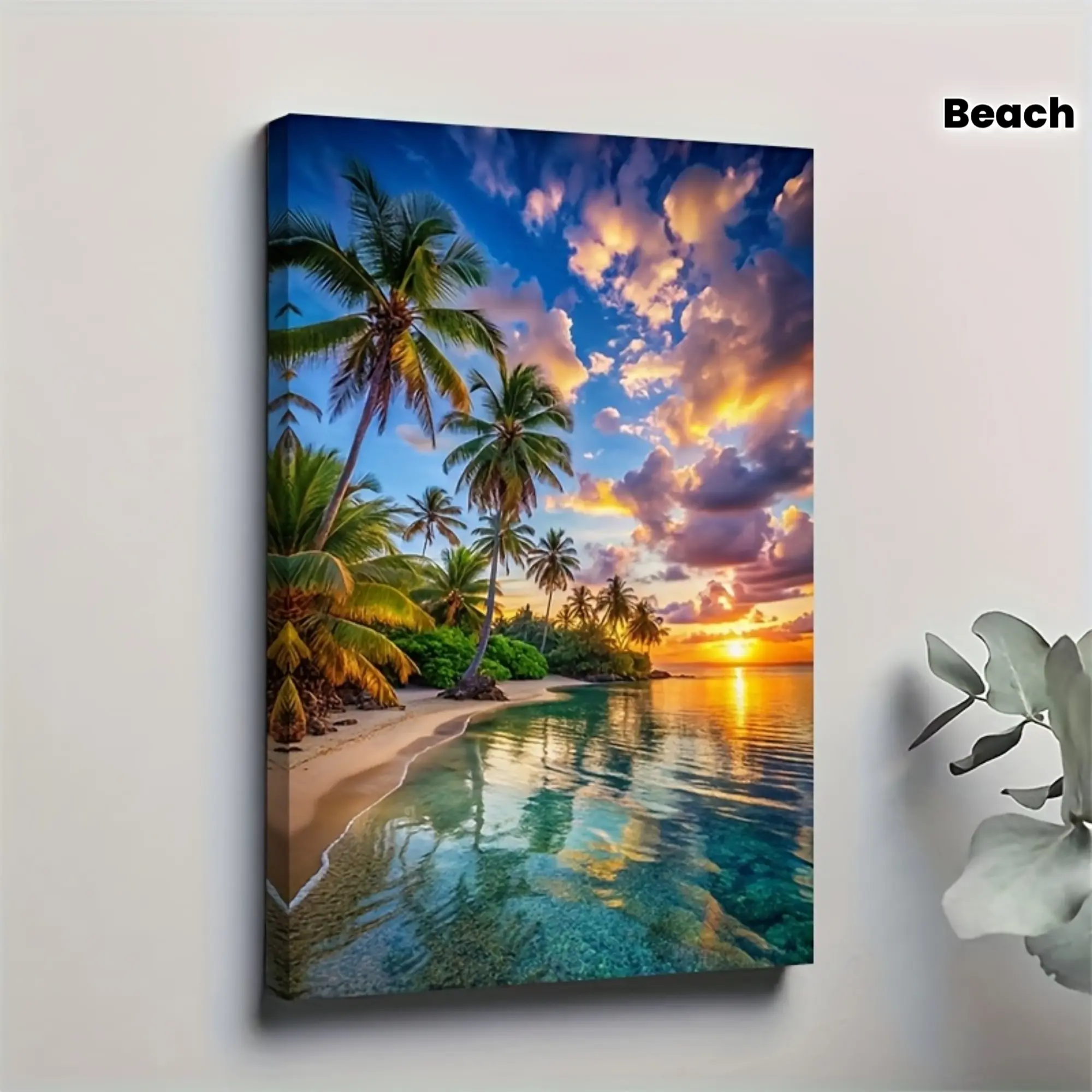 1pc 2D, Tropical Sunset Beach Canvas Art - Vivid Palm Tree and Ocean Scene, Oil Painting Poster, Solid Wood Frame, 11.81 x 17.72inch, Perfect for Living Room, Office or Bar Decoration, Beach Wall Decor|Tropical theme|Oil painting effect, beach decoration