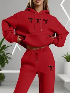 Women's Long Sleeve Hooded Sweatshirt Set with Pockets, Casual Butterfly Knot Design, Spring & Fall Sportswear, Sweatsuit Set, Perfect Gift Choice, Sweatsuit Outfits, Sweatsuits Set