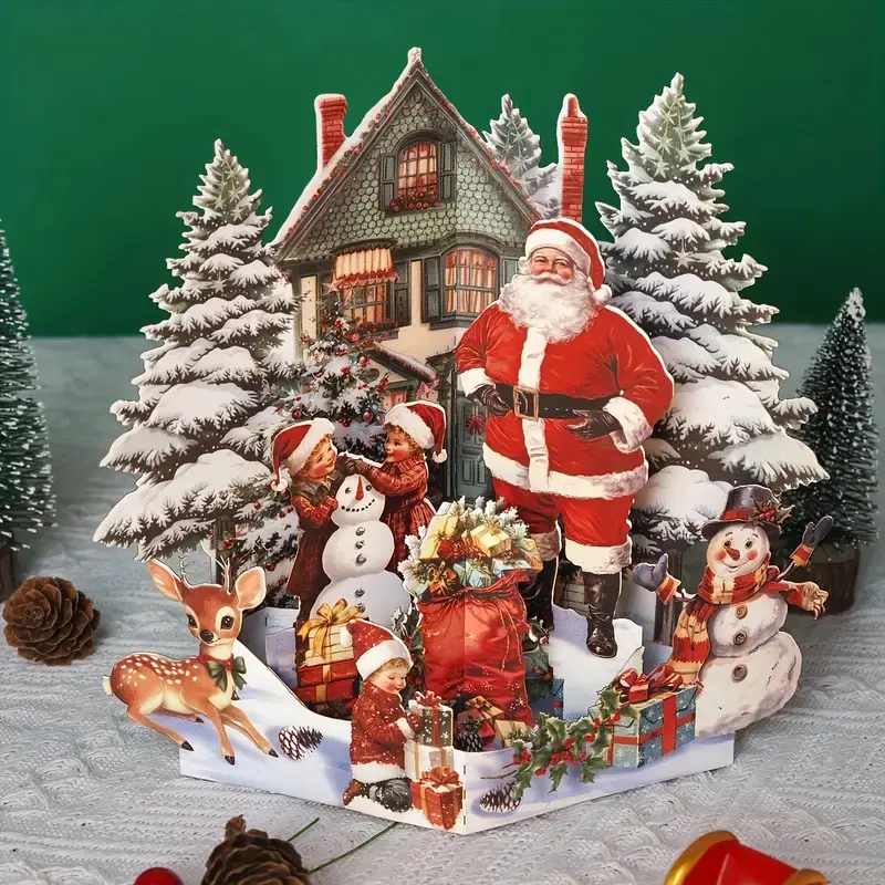 1Pcs Retro Christmas Card, Santa Claus 3D Pop-up Card with Envelope - Santa Claus, Snowman and Christmas Tree Theme, Holiday Wishes 3D Christmas Card, Holiday Card, Merry Christmas Home Decor, Greeting Card